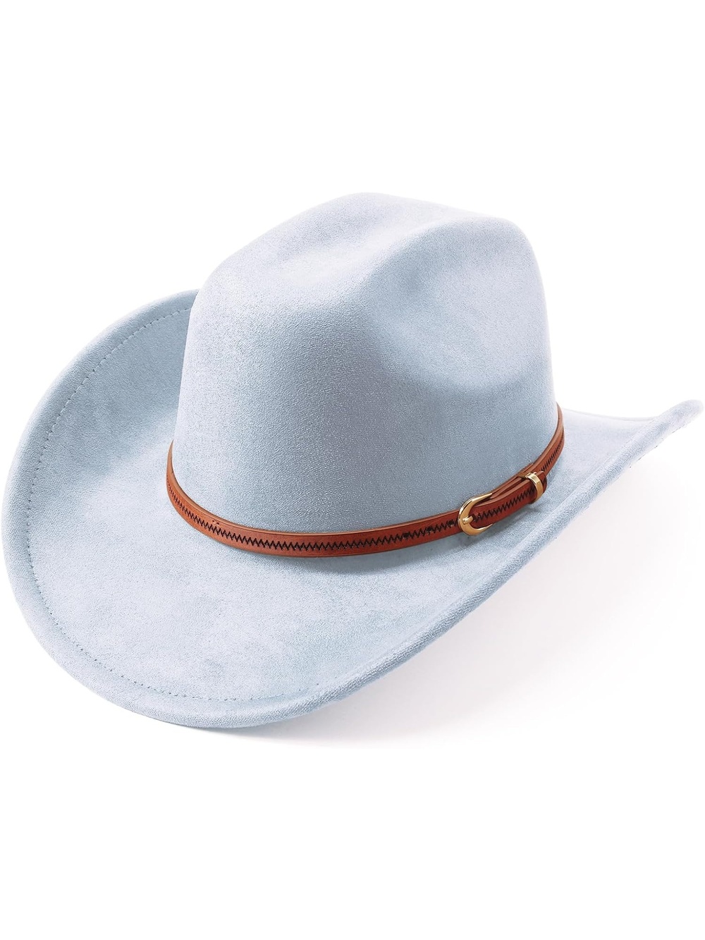 Unisex Blue Suede Wide Brim Belt Buckle Fedora Retro Panama Western Cowgirl Hat